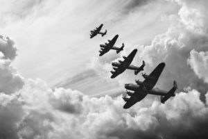 Black and white retro image of Batttle of Britain WW2 airplanes