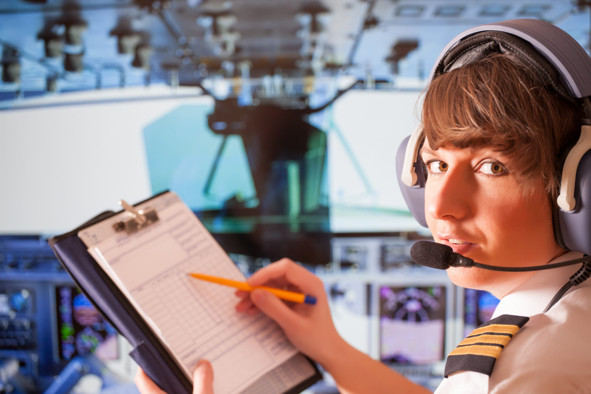 Female airplane pilot with a clipboard